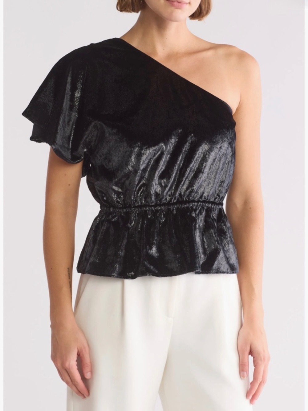 7 For All Mankind One Shoulder Shimmer Peplum Top Black Size S